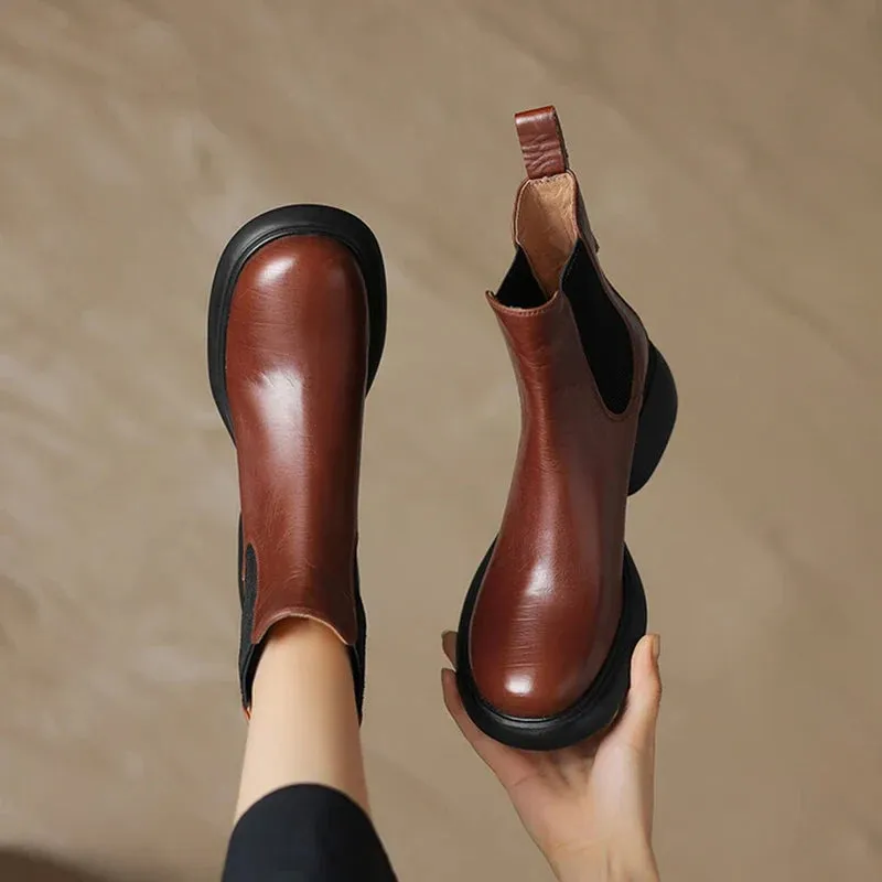 binfenxie NEW Autumn/Winter Women Boots Genuine Leather Shoes for Women Round Toe Chunky Heel Boots Slip-on Platform Boots