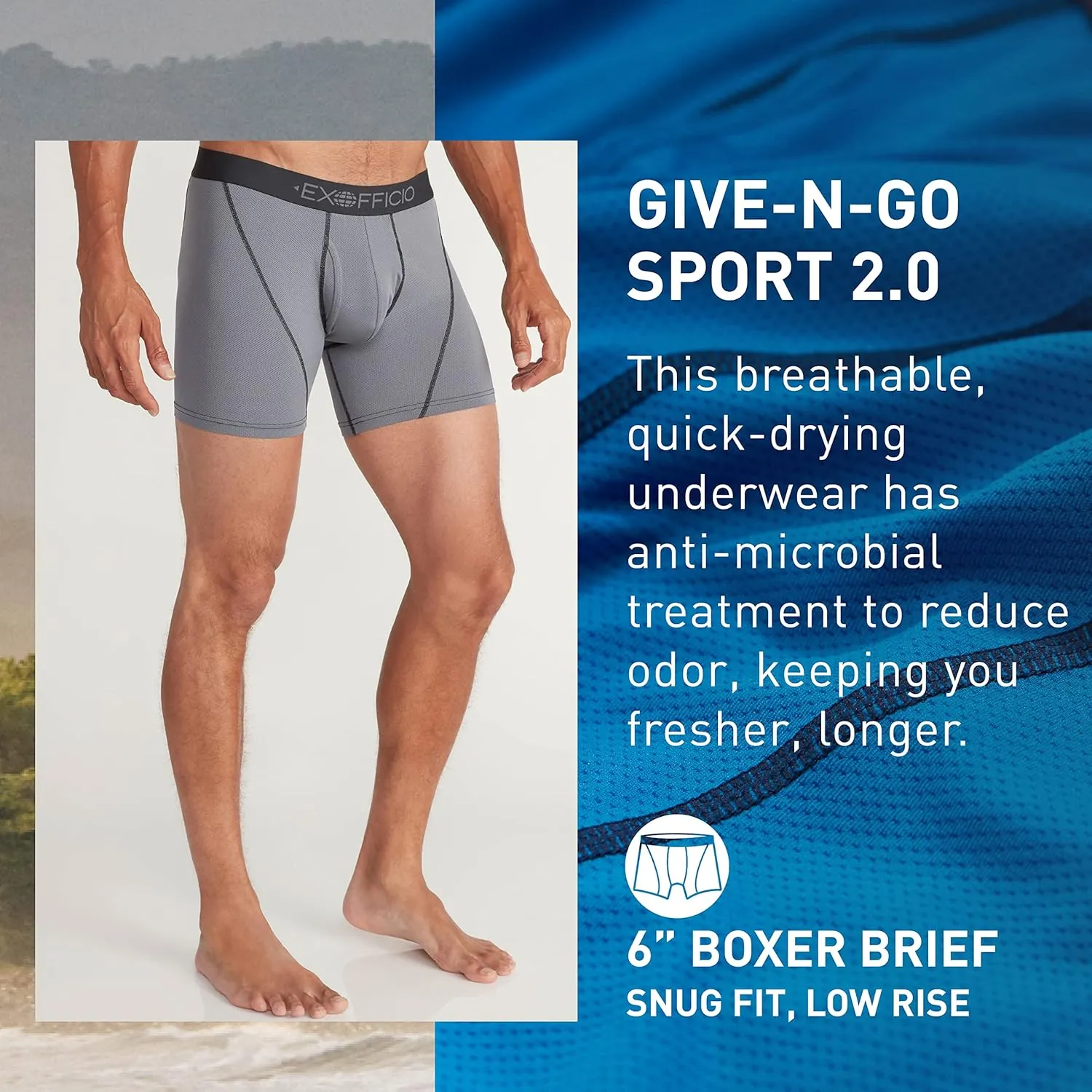 ExOfficio Men's Give-N-Go Sport 2.0 Boxer Brief 6 " Travel Underwear for Men, Breathable and Durable, Easy Clean