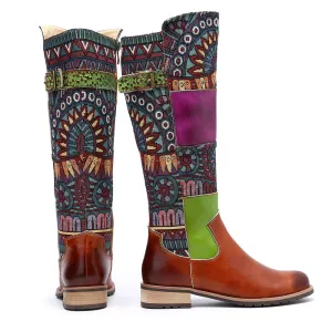 Genuine Tanned Leather & Embroidery Patchwork Round Toe Boots