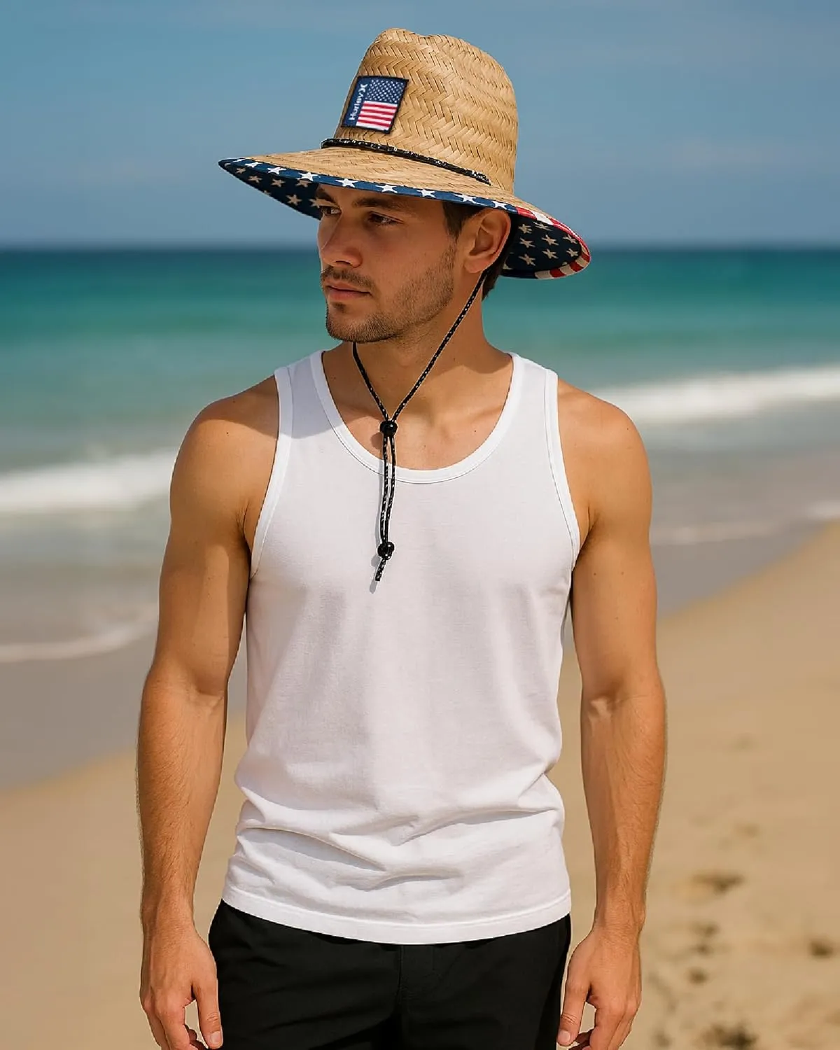 Hurley Men's Straw Hat - Wide Brim Channel Island Lifeguard Hat - Stylish Sun Hats for Men with Chin Strap