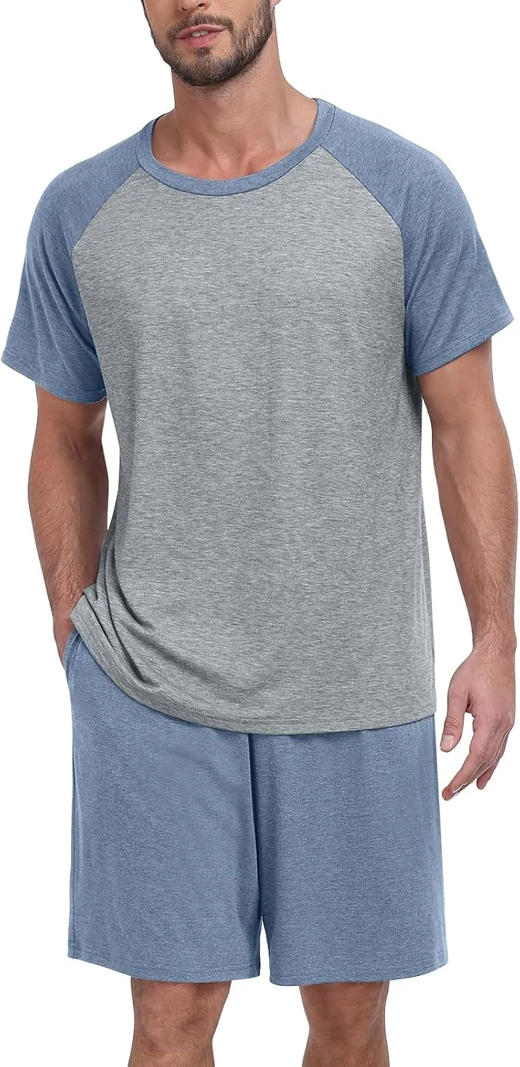 Mens Pajama Set Summer Pjs Sleepwear Lightweight Short Sleeve Pjs Soft Comfy Sleep Set With Pocket