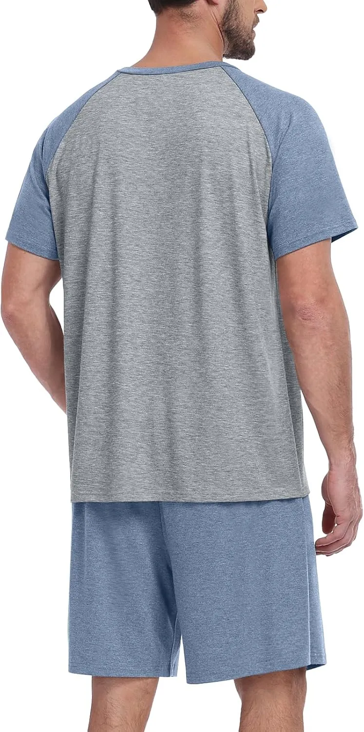 Mens Pajama Set Summer Pjs Sleepwear Lightweight Short Sleeve Pjs Soft Comfy Sleep Set With Pocket