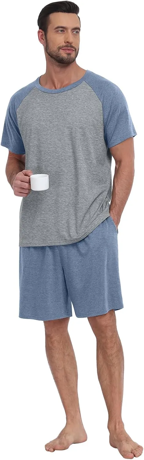 Mens Pajama Set Summer Pjs Sleepwear Lightweight Short Sleeve Pjs Soft Comfy Sleep Set With Pocket
