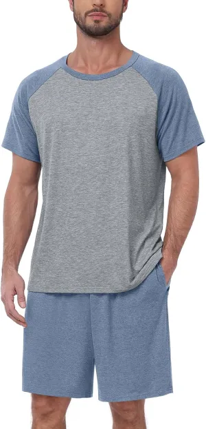 Mens Pajama Set Summer Pjs Sleepwear Lightweight Short Sleeve Pjs Soft Comfy Sleep Set With Pocket