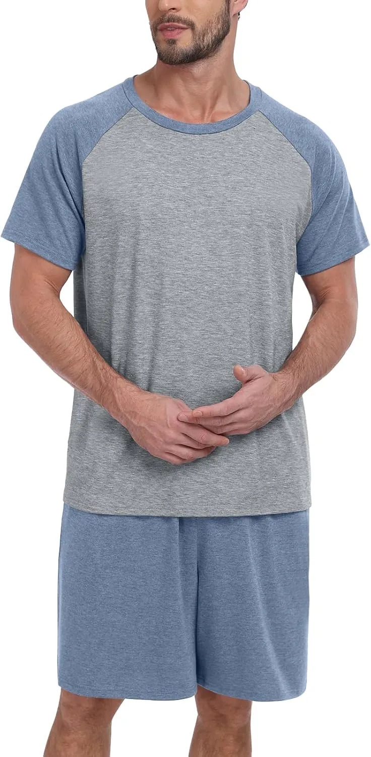 Mens Pajama Set Summer Pjs Sleepwear Lightweight Short Sleeve Pjs Soft Comfy Sleep Set With Pocket